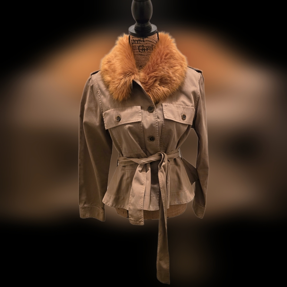 J. Crew Brown Trench Coat with Faux Fur Collar